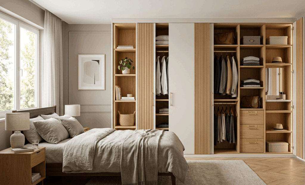 Armario a medida instalado en un dormitorio moderno con puertas y distribución personalizada.