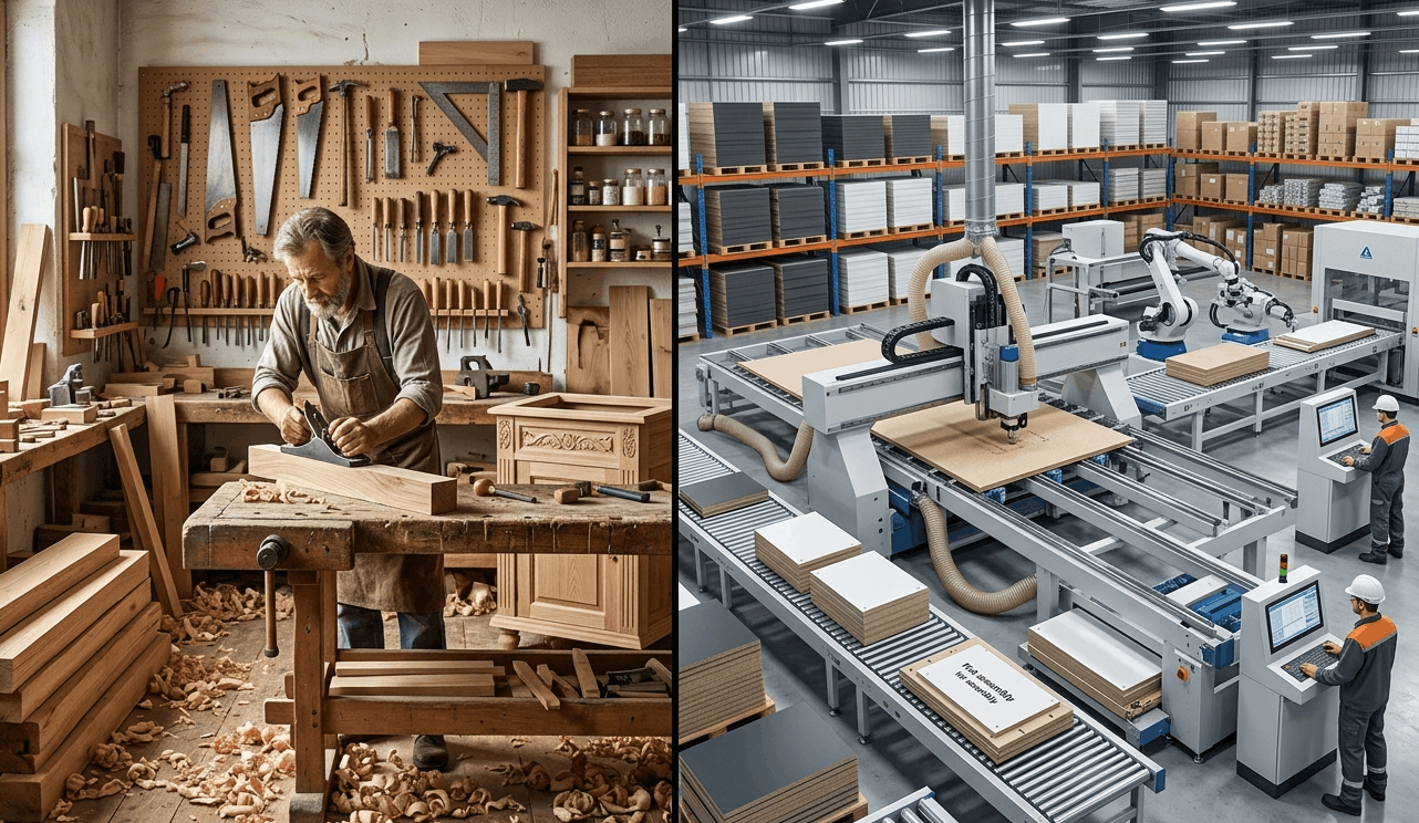 Comparación visual entre el taller de carpintería artesanal y la fabricación industrial en serie.