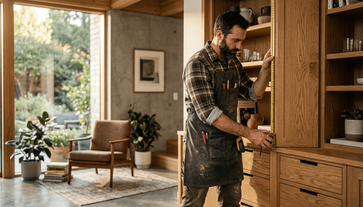 Carpintero midiendo mueble de madera maciza a medida en un espacio real.