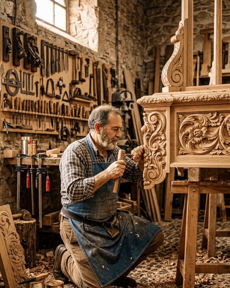 Carpintero trabajando artesanalmente en la estructura de madera de una parihuela para Semana Santa en Jaén