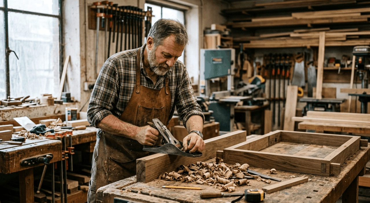 Carpintero trabajando manualmente en la fabricación de un mueble de madera en taller.