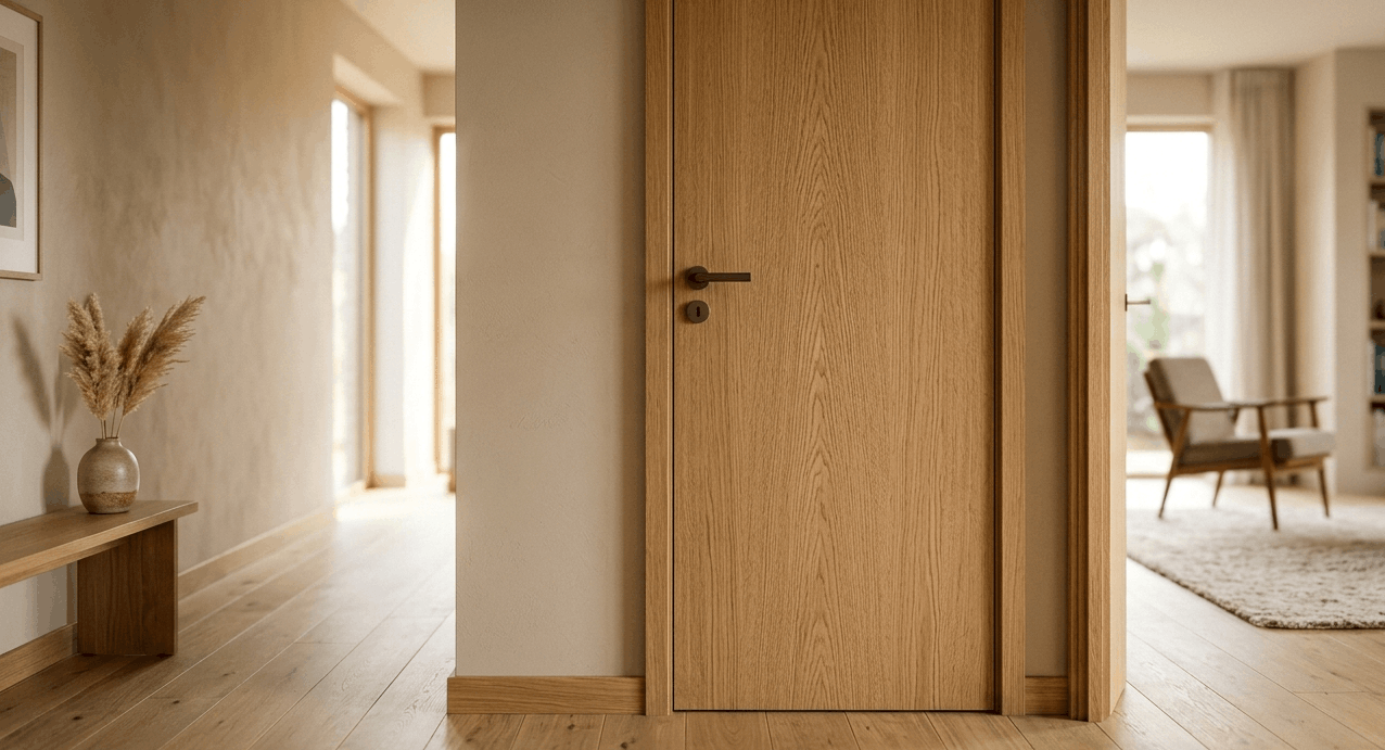 Puerta de interior de madera a medida instalada en una vivienda moderna con luz natural