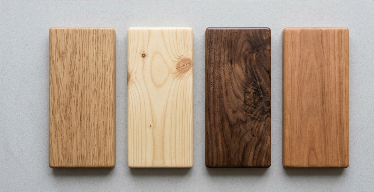 Muestras de madera de roble, pino, nogal y cerezo para puertas de interior
